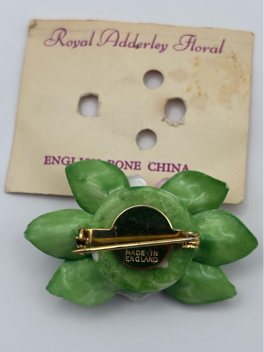 Vintage Royal Adderley Pink Flower Brooch with Green Leaves - Picture 7 of 9